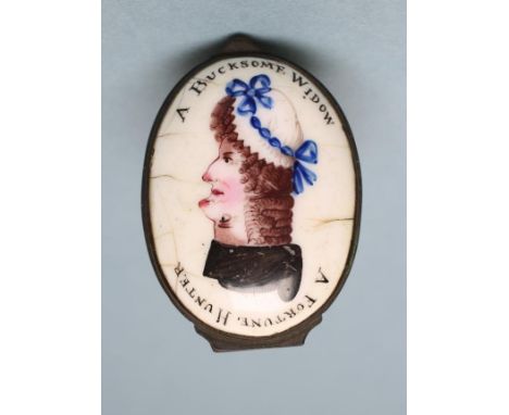 AN ENAMEL ON COPPER PATCH BOX, late 18th century, of oval form, the hinged cover painted in colours with "A Fortune Hunter" a
