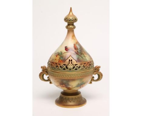 A ROYAL WORCESTER CHINA POT POURRI VASE AND COVER, 1907, in Persian style, the high swept and pierced cover painted by A. Lew