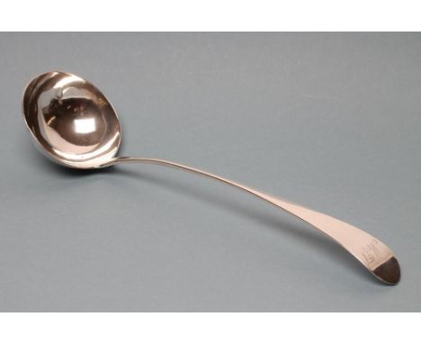 A LATE GEORGE III SILVER SOUP LADLE, maker Alex. Edmonston, Edinburgh 1796, in Celtic Point pattern, engraved "MT", 14 1/2" l
