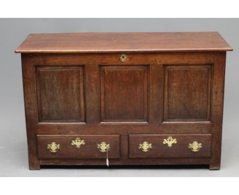 AN OAK PANELLED CHEST, 18th/19th century, the moulded edged plank lid opening to interior with till/shelf, the fascia with th