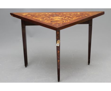 A DUTCH MAHOGANY AND FLORAL MARQUETRY CARD TABLE, late 18th/19th century, of folding triangular form with stringing, the top 