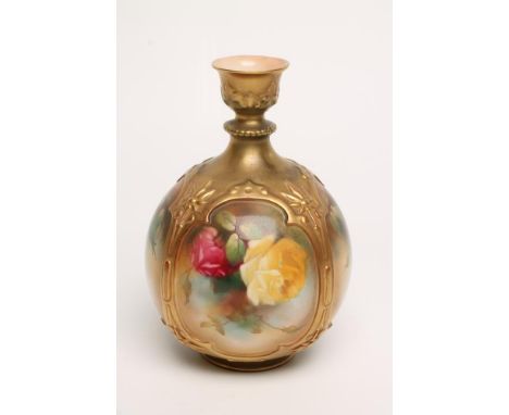 A ROYAL WORCESTER CHINA VASE, 1910, of lobed globular form, painted in polychrome enamels by J. Lander with full blown crimso