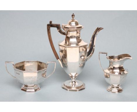 A COMPOSITE THREE PIECE SILVER COFFEE SERVICE, maker Thomas Bradbury, various marks, of octagonal baluster form, comprising c
