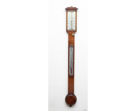 A MAHOGANY CASED STICK BAROMETER, 19th century, with thermometer, ivory and silvered registers, unsigned, the case with stepp