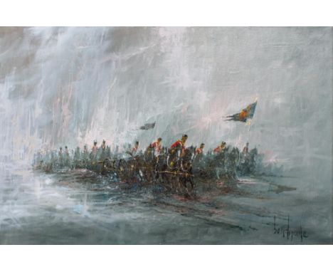 BEN MAILE (1922-2017), "Guns of War", oil on canvas, signed, inscribed verso, 24" x 36", gilt frame, together with a watercol