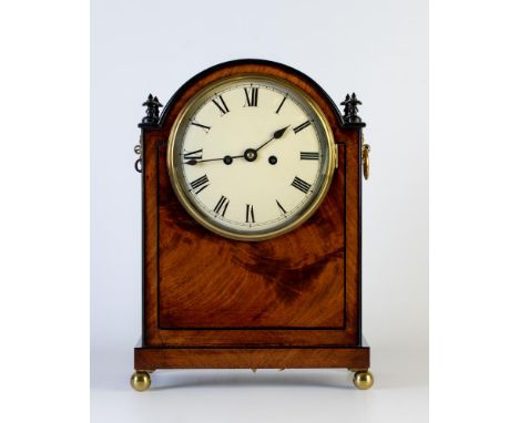 A REGENCY MAHOGANY CASED BRACKET CLOCK, the twin barrel movement striking on a bell, white enamel dial with Roman numerals, t