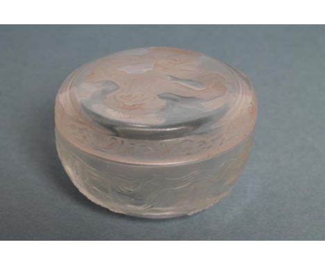 "L'ORIGAN" - Lalique for Coty, a clear and frosted powder bowl and cover intaglio moulded with an art nouveau style maiden wi