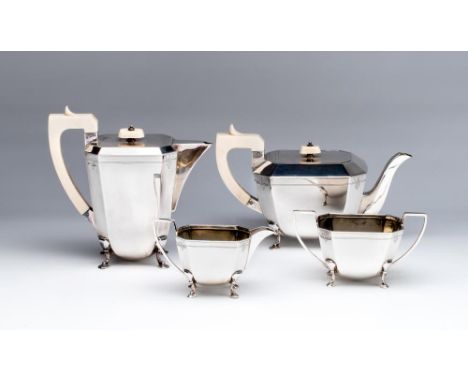 A COMPOSITE ART DECO FOUR PIECE SILVER TEA AND COFFEE SERVICE, maker Viners, Sheffield marks, of canted rounded oblong form, 