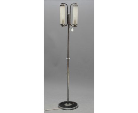 AN ART DECO CHROME PLATED STANDARD LAMP, the collared tubular stem with spherical finial issuing a pair of opaque glass cylin