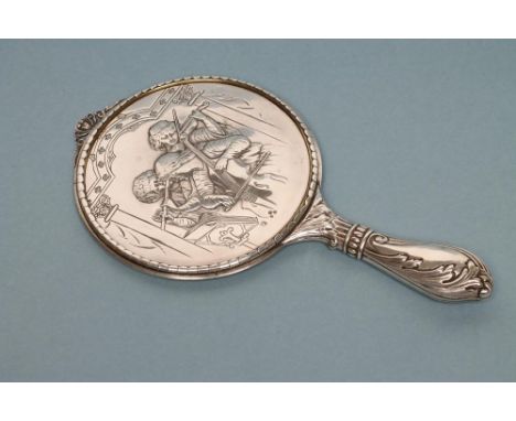 A LATE VICTORIAN SILVER HAND MIRROR, maker Harris Bros., London 1896, the circular bevelled mirror plate in a frame chased wi