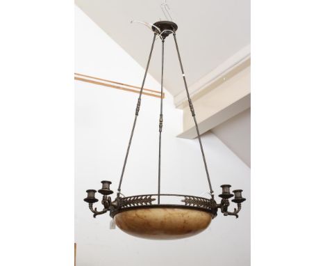 AN EMPIRE STYLE GILT METAL AND ALABASTER LIGHT PENDANT, early 20th century, the pierced circlet with berried leaves issuing t