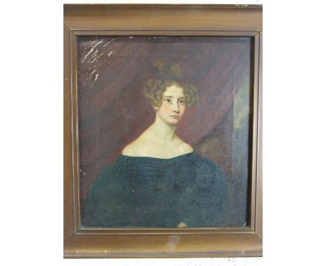 19th century English School, 'Half-length portrait of a young girl with ornate hairstyle', unsigned oil on canvas, laid on bo