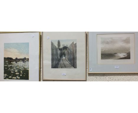 After Paul Bisson, 'Isle of Dogs', a framed etching, 49.5 x 43.5cm overall, signed in pencil, 2/250, another after Patricia L