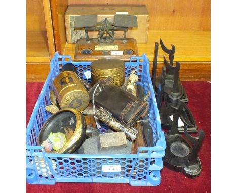 A set of letter scales, (weights lacking), a vintage Chemico cycle repair outfit in leather pouch with booklet 'Hints and Tip