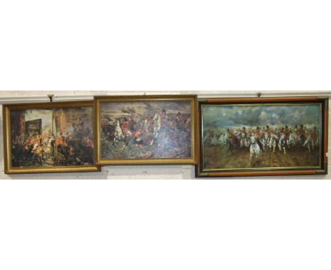 After Lady Butler, 'Scotland For Ever', a framed coloured print, 37 x 72cm, a reproduction framed plan of the Battle of Water