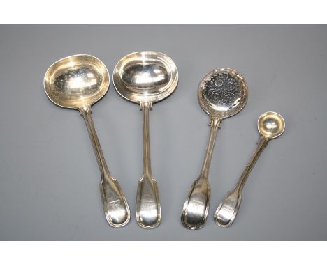 A pair of Victorian "fiddle and Thread" pattern silver sauce ladles and sugar sifting spoon. London 1845 by John & Henry Lias