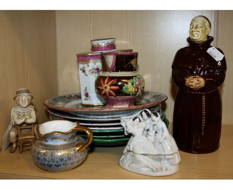 A Continental porcelain tea caddy, two Wedgwood majolica leaf moulded plates, three Derby peacock decorated plates, a Worcest