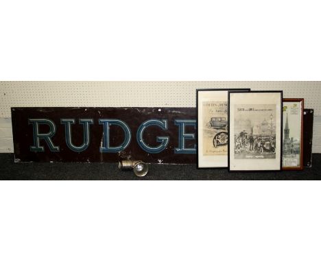 A mid 20th century tin Rudge bicycle sign (200 x 38cm), a P and H Ltd Revenge lamp, a reproduction Light Car magazine cover f