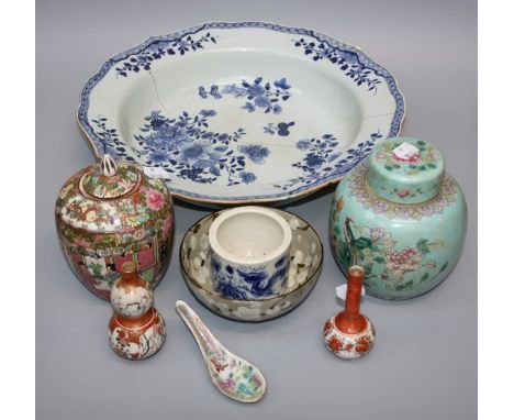 A Chinese 18th century blue and white porcelain circular wash bowl together with a Peranakan, turquoise enamel ground ginger 