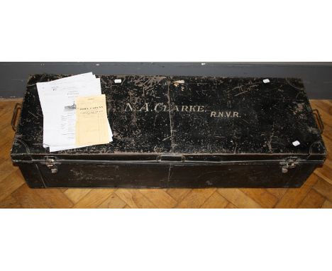 A WWII Naval tin trunk, formally the property of Sub Lieutenant N.A. Clarke RNVR, together with original bill of sale dated 1