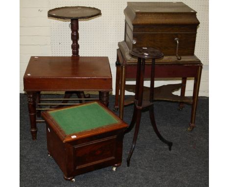 A Columbia table top gramophone on associated stand, an Edwardian mahogany bidet with ceramic liner, a mahogany commode foots