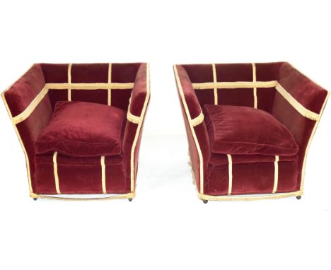 Early 20th century drop end Knole style two-seater sofa and pair of accompanying chairs, upholstered in red plush fabric, wit