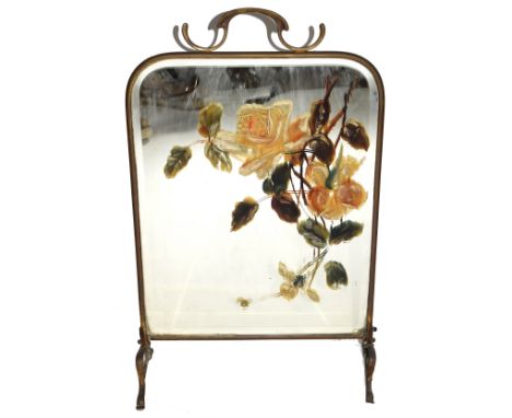 Early 20th century brass framed fire screen with central bevelled mirror with overpainted rose decoration, 23cm high