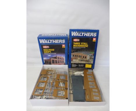Walthers ho scale model kits, rail road shops and a three stall round house.