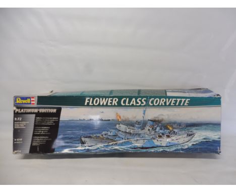 A boxed Revell 1:72 scale Flower Class Corvette ship, unopened packets, with transfers and instructions, box playworn.