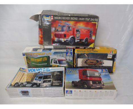 Five boxed kits - Volvo F-12, Renault AE 500 Magnum etc. 1:24 scale and 1:25 scale, several boxes crushed, all unmade.