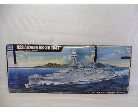 A boxed Trumpeter 1/200 scale USS Arizona BB-39 1941 ship, appears unmade, with transfers and instructions, some box damage.