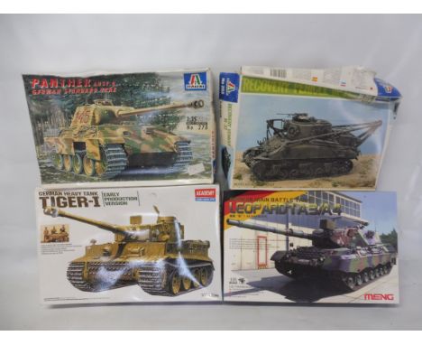 Four boxed tank kits - Tiger I, Panther German tank, Recovery vehicle M-32, Leopard 1 A3/A4 all 1:35 scale, all unmade.