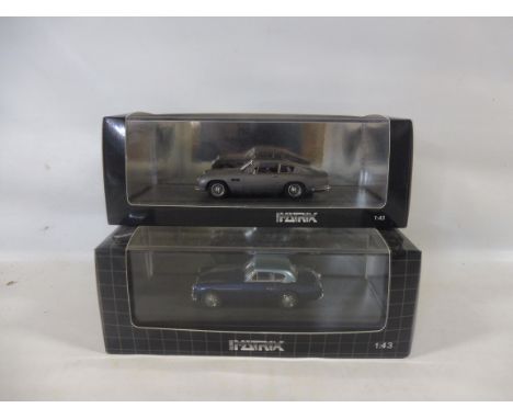 Two boxed Matrix 1:43 scale models, Aston Martin DB6 and a DB2/4.