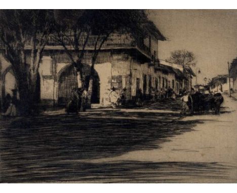 Mortimer Luddington Menpes (1855-1938) 
Street scene, Mexico, 1870
signed in pencil (in the margin)
etching
22.2 x 27.6cm.