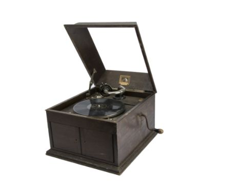 An HMV table grand gramophone, Model 103, in oak case with No 4 soundbox and Harrods label (lacking top of lid and both door 