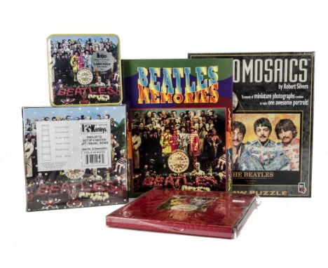 The Beatles, Sgt. Peppers, five related items, two jig-saw puzzles (sealed), photo album (sealed), ring binder and set of six