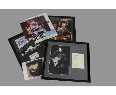 Dylan/Cohen/Cale, framed and glazed colour photographs Bob Dylan 29cm x 34cm with a signature, Leonard Cohen 40cm x 36cm - a 