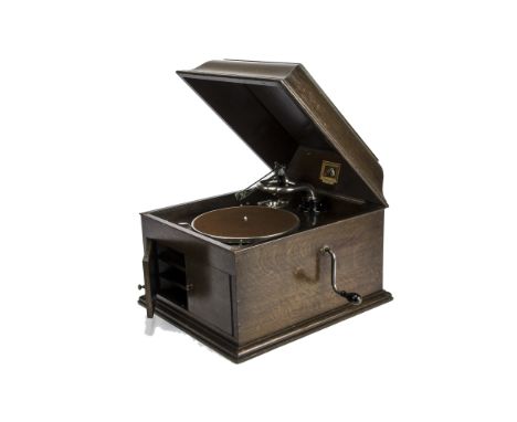 An HMV table grand gramophone, Model 103, in oak case with No 4 soundbox  