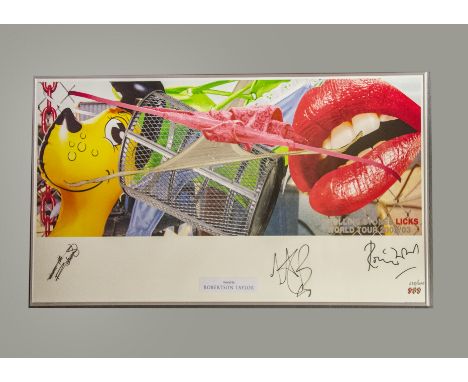 Rolling Stones, a World Tour poster for the 'Licks Tour' 2002/03 with three signatures: Keith Richards, Ronnie Wood and Charl