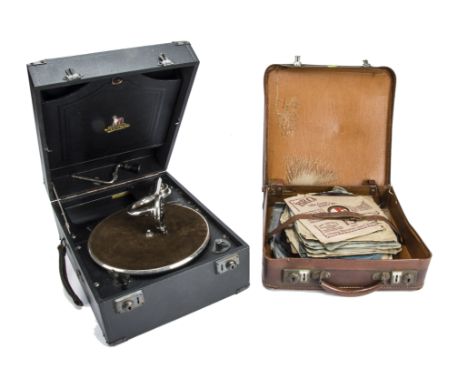An Itonia portable gramophone, with Itonia soundbox, in black case with oxidised fittings, circa 1930; and 28 8-inch and 10-i