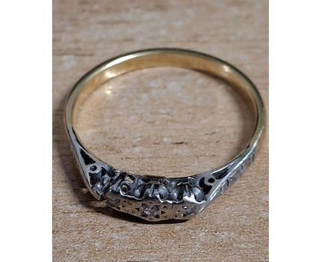 Split 18ct yellow gold (hallmarks worn away), platinum set ring with 3 illusion set diamonds (a/f),2.1 grams gross