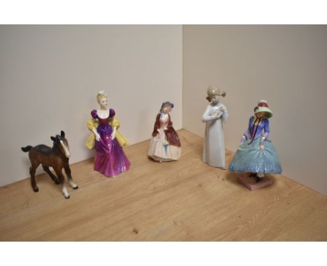 A group of three Royal Doulton bone china figurines, comprising 'Pantalettes' HN1362, 20cm, Loretta HN2337 20cm and Paisley S
