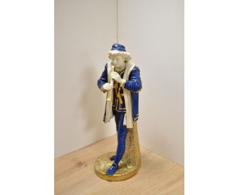 A late 19th/20th century Royal Worcester porcelain figure of a court musician, most likely by James Hadley, modelled standing