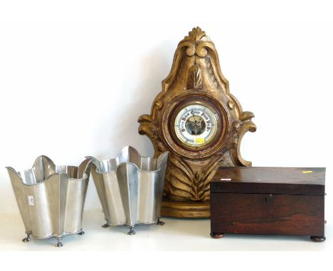 Aneroid barometer in gilt frame, small rosewood tea caddy and a pair of alloy planters Condition reports are not available fo