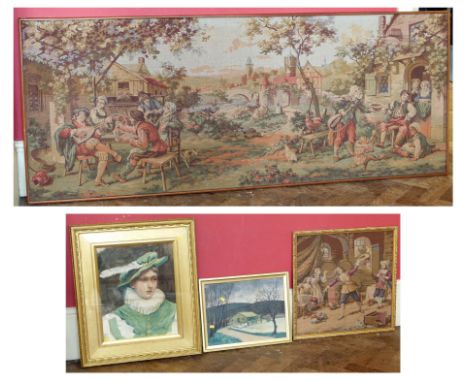 Large framed tapestry 183 x 76cm and smaller ditto, framed watercolour of young man in period costume and small rural landsca