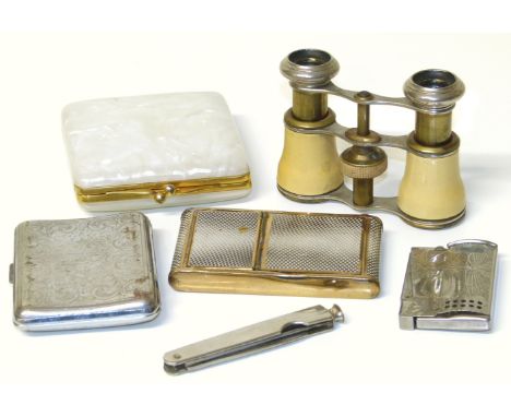 Reuge Ste-Croix Swiss made musical compact Splendy Austrian made lighter, two cigarette cases, pipe knife, pair opera glasses