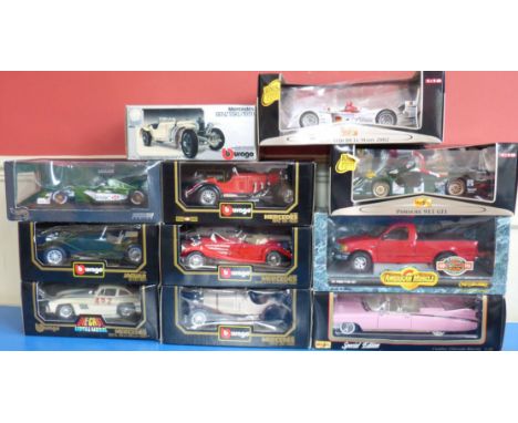 Six Burago 1/18 scale cars, Mercedes Millie Miglia, Mercedes Benz S5K (x2), Jaguar S100, Mercedes S5KL and Mercedes 500k Road