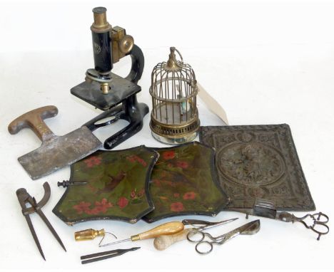 C. Baker (9394) London microscope (un-boxed), reproduction brass singing birdcage with mechanical mechanism, set her copper, 