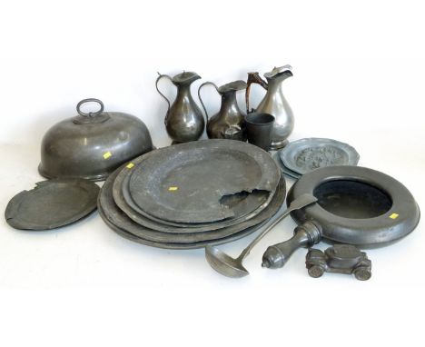 Pewter bed pan by Compton (London), James Dixon &amp; Sons bone handled jug and one other, roundhead pewter vessel, colmans L