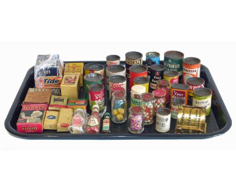 Vintage miniature shop groceries including cigarette cartons, sauce bottle, sweets etc. Condition reports are not available f